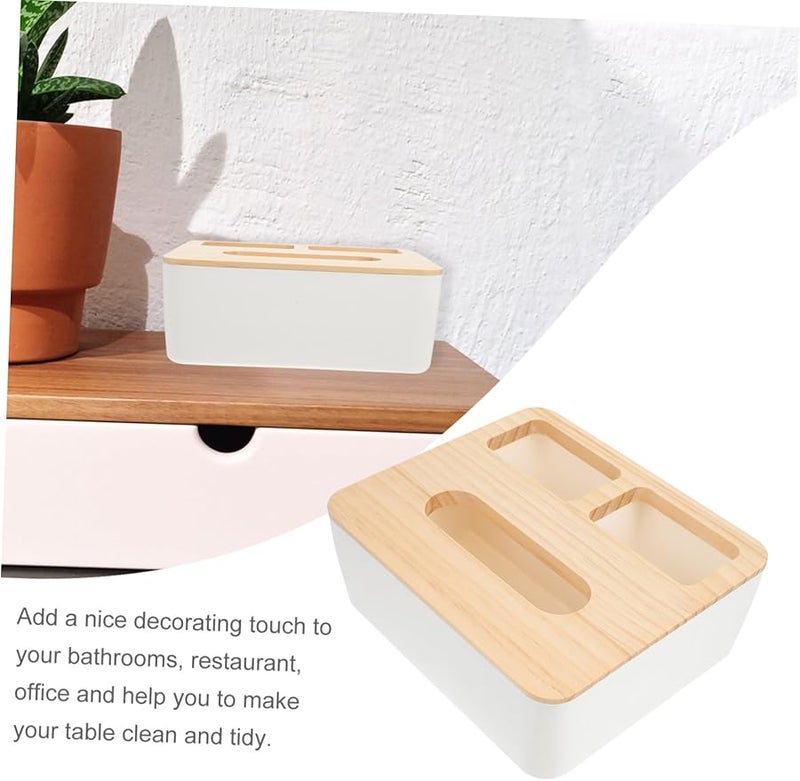 صندوق مناديل خشبي لسطح المكتب مع غطاء، حاوية تخزين مناديل سهلة التنظيف - Image 3